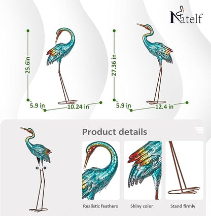 Natelf Crane Statues for Garden Decor, Blue Heron Sculptures, Metal Large Birds Lawn Sculptures & Statue for Patio Pond, Yard Decorations, Set of 2