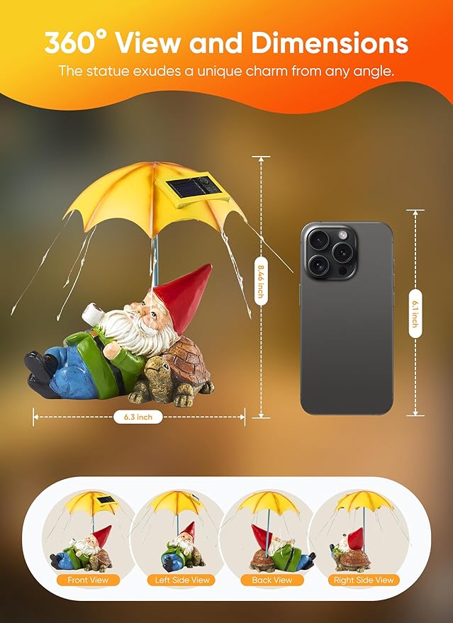 Brightown Solar Garden Decor Gnome Statue Light with 32 LED Lights, Gnome with Umbrella, Hand-Painted Resin, IP65 Waterproof Outdoor Decor for Patio, Balcony & Yard Decorations, Unique for Mom