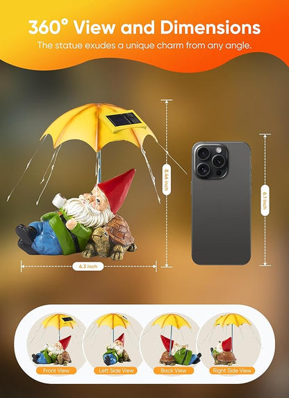 Brightown Solar Garden Decor Gnome Statue Light with 32 LED Lights, Gnome with Umbrella, Hand-Painted Resin, IP65 Waterproof Outdoor Decor for Patio, Balcony & Yard Decorations, Unique for Mom