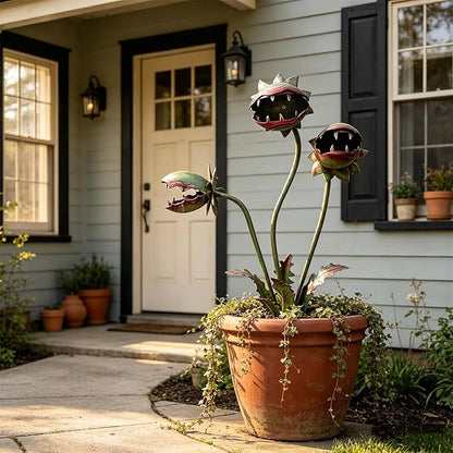 Whimsical Metal Carnivorous Plant Garden Stake, Whimsical Garden Decor, Three Dramatic Open-Mouth Blooms, Yard Art for Flower Beds, Patios & Planters, Unique Quirky