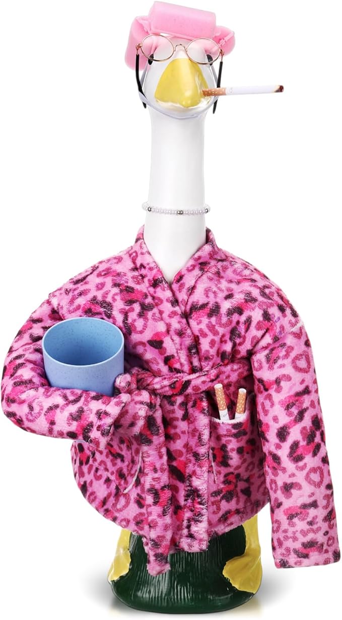 23 Inch Porch Goose Statue Outfits Set Pink Leopard Porch Goose Bathrobe Costumes with Clothes & Accessories for Patio Yard Garden Lawn Outdoor Decoration
