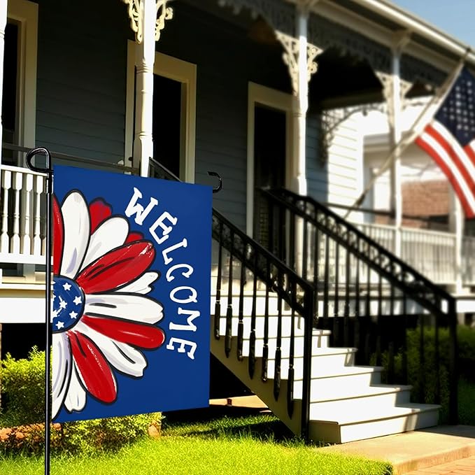 4th of July Garden Flag Patriotic Daisy Double Sided Yard Flag Burlap Welcome Independence Day House Banner Memorial Day Floral America Blue Garden Flags Outdoor Decoration 12x18 Inch