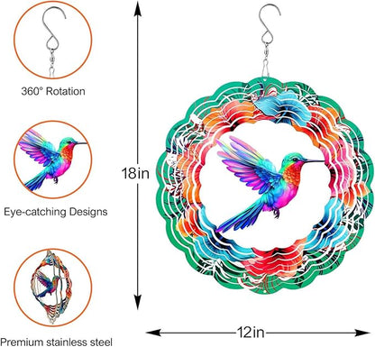 Hummingbird Wind Spinners Hanging Outdoor Decor, 12 Inch 3D Kinetic Yard Art Hummingbird Metal Sculpture Birthday Gifts for Bird Lovers, Mom, Women for Yard, Garden