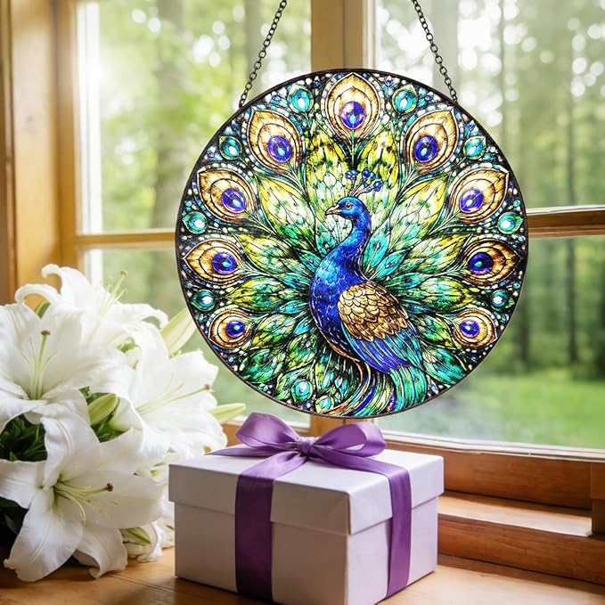 Peacock Stained Glass Window Hanging – Round Bird Suncatcher with Chain, Colorful Glass Ornament for Living Room Bedroom Home Garden Decor Gift, 8 Inch