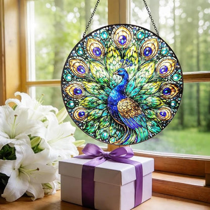 Peacock Stained Glass Window Hanging – Round Bird Suncatcher with Chain, Colorful Glass Ornament for Living Room Bedroom Home Garden Decor Gift, 8 Inch