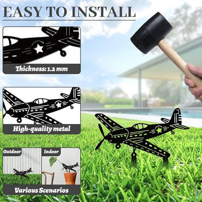 WADORN Airplane Metal Decorative Garden Stakes, Black Fighter Jet Outdoor Statues Silhouette Funny Airplanes Lover Gifts Stakes Ornaments for Yard Art Garden Patio Backyard Lawn Decors