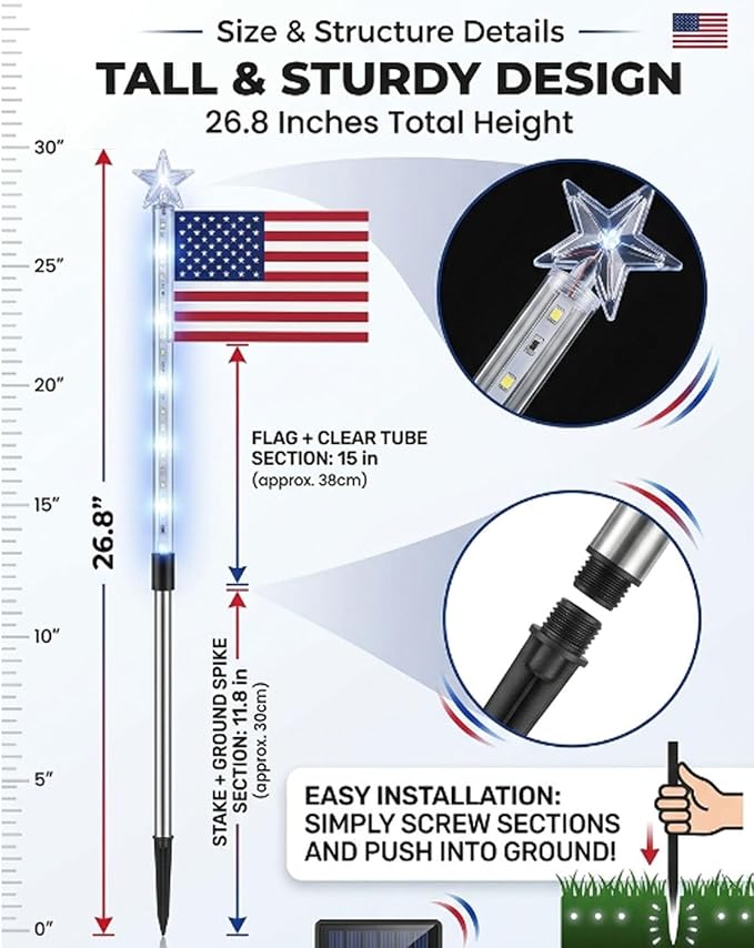 8 Piece Solar US Flag Light Set, American Flags Pole Pathway Lights, Outdoor Garden IP66 Waterproof Patriotic LED Star Stake with 8 Lighting Modes for 250th Anniversary, 4th of July Decoration