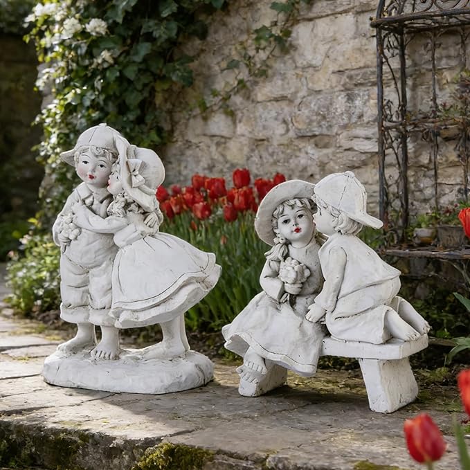 Garden Statues Boy and Girl Couple Statue, Romantic Outdoor Statues of First Kiss, Resin Garden Sculptures & Statues for Patio Lawn Yard Art, Flower Bed Decorations Outdoor