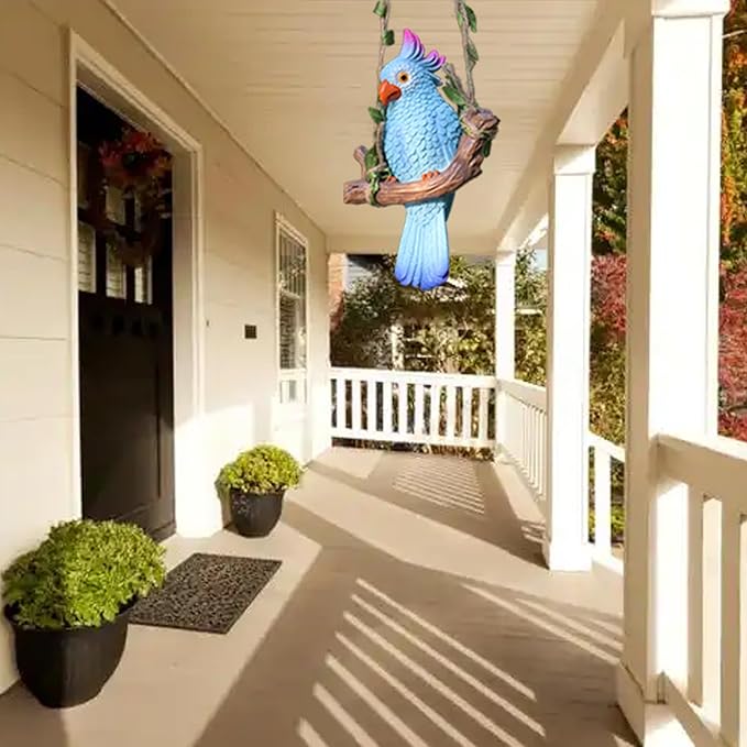 Hanging Parrot Garden Decor Tiki Bar Decorations Tropical Outdoor Hanging Bird Statue for Tree Plant Patio Lawn Yard Porch Balconies Decor(Blue)