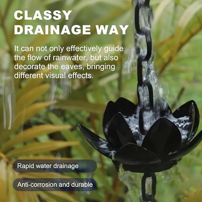 Upriver Lotus Rain Chain,3.93ft Black Iron Rain Chains for Gutters,Rust Resistant Rain Catchers for Divert Water and Indoor,Outdoor Decoration