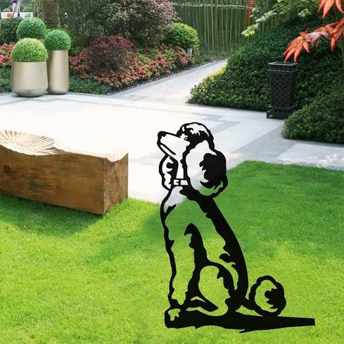 Adorable Dog Stake Decoration Yard Garden Outdoor Poodle Lawn Decor Metal Art Dog Silhouette Decoration Steel Dogs Statue Adorable Ornament Gift (Poodle)