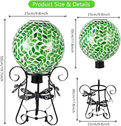 Stargarden Solar Gazing Ball, 10" Mosaic Gazing Ball,Glass Gazing Globe with Metal Stand, Decorative Solar Globes for Patio, Lawn, Garden Decor(Green Leaf)