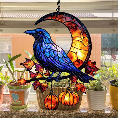Cresent Moon Pumpkin Raven Acrylic Suncatcher Stained Glass Effect Window Car Hanging Christmas Ornament Indoor Outdoor Decor Garden Sun Catcher Panel for Gothic Lover for Women Mom Grandma