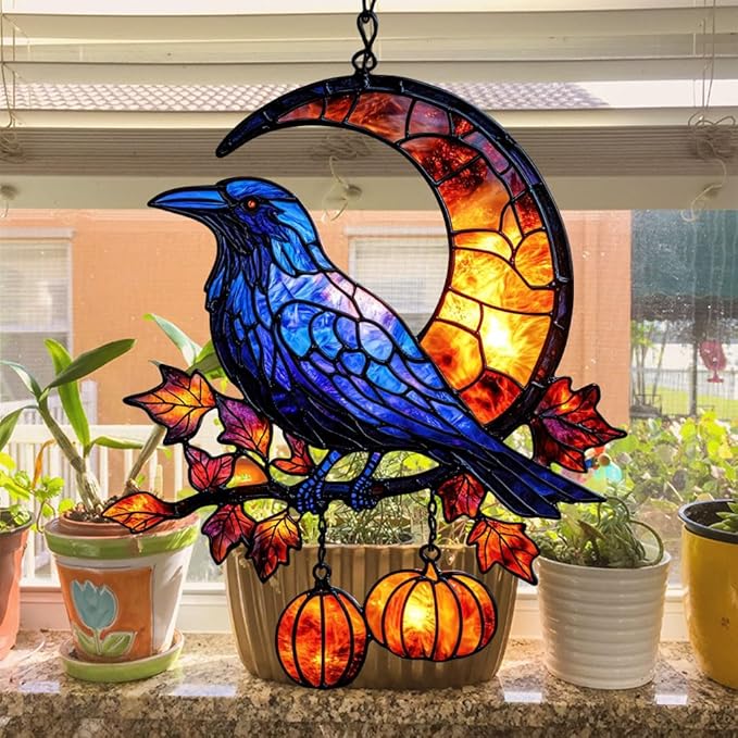Cresent Moon Pumpkin Raven Acrylic Suncatcher Stained Glass Effect Window Car Hanging Christmas Ornament Indoor Outdoor Decor Garden Sun Catcher Panel for Gothic Lover for Women Mom Grandma