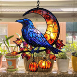 Cresent Moon Pumpkin Raven Acrylic Suncatcher Stained Glass Effect Window Car Hanging Christmas Ornament Indoor Outdoor Decor Garden Sun Catcher Panel for Gothic Lover for Women Mom Grandma
