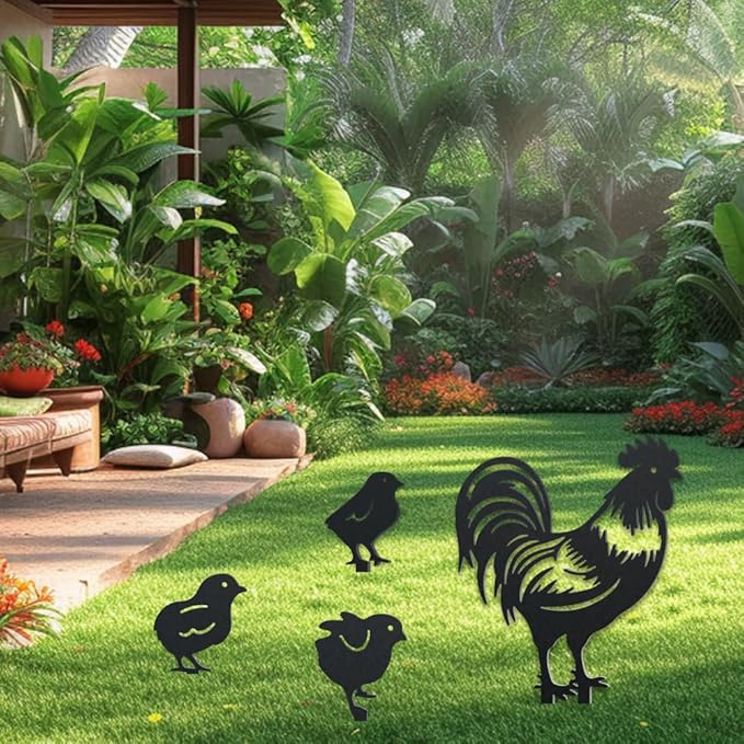 WADORN Chicken Metal Outdoor Statues Silhouette, Rooster Chicks Metal Decorative Garden Stakes Cute Rooster Silhouette Ornament Gift Animal Outdoor Decoration for Garden Backyard Patio Lawn Outdoor