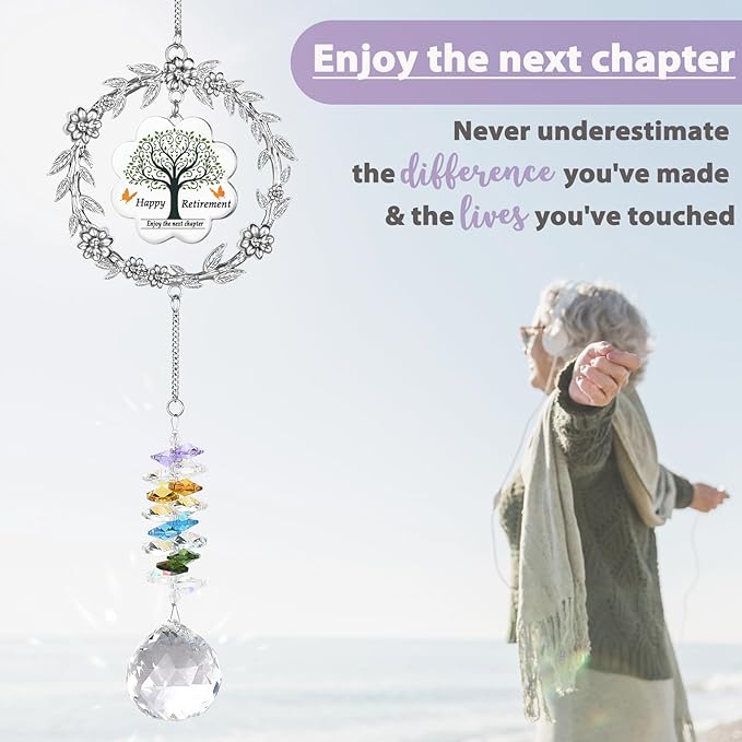 Retirement Gifts for Women, Sun Catcher Gift with Engraved Happy Retirement Message, Hanging Crystal Sun Catcher Ornament for Window Rainbow Maker, Appreciation Gift for Retired Teacher, Friends, Mom