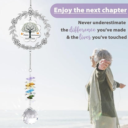 Retirement Gifts for Women, Sun Catcher Gift with Engraved Happy Retirement Message, Hanging Crystal Sun Catcher Ornament for Window Rainbow Maker, Appreciation Gift for Retired Teacher, Friends, Mom