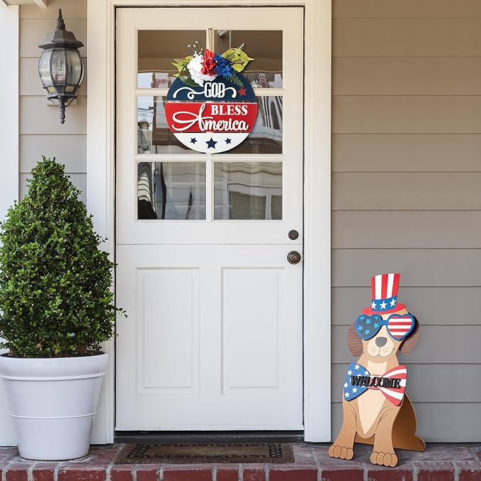 Glitzhome 30"H Patriotic Porch Sign Wooden Americana Labrador-shape Easel Porch Decor Front Door Sign for 4th of July Independence Day Memorial Day Decoration