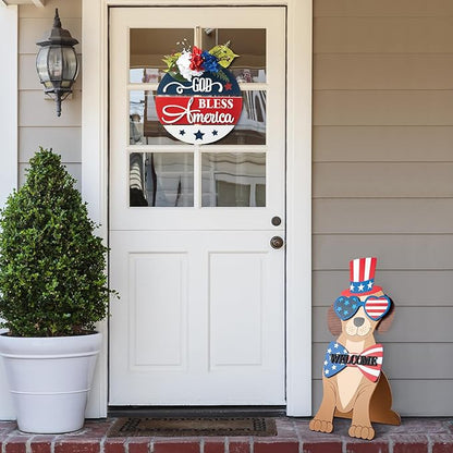 Glitzhome 30"H Patriotic Porch Sign Wooden Americana Labrador-shape Easel Porch Decor Front Door Sign for 4th of July Independence Day Memorial Day Decoration
