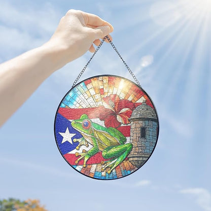 FLAGWIX Puerto Rico Gifts - Stained Glass Window Hanging 8 in for Home Garden Decor - Puerto Rican Gifts for Women Men, Coqui Sun Catchers Indoor Window, House Warming Gift for Mom Dad Friend