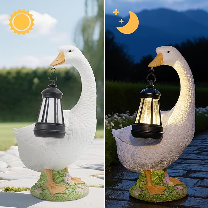 DiliComing Solar Porch Goose Statue - Outdoor Garden Decor Resin Goose Statues for Yard Lawn Patio Unique Gift Mom Grandma Women
