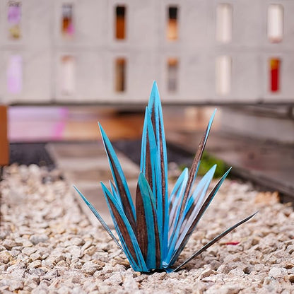 Outdoor Garden Metal Yard Art: Metal Agave Plants Outdoor Decor, Lawn Ornaments for Outside, Large Leaf Enlarge Thickened Artificial Agave Plant, for Outdoor Garden Yard Sculpture Decor (Sky Blue)