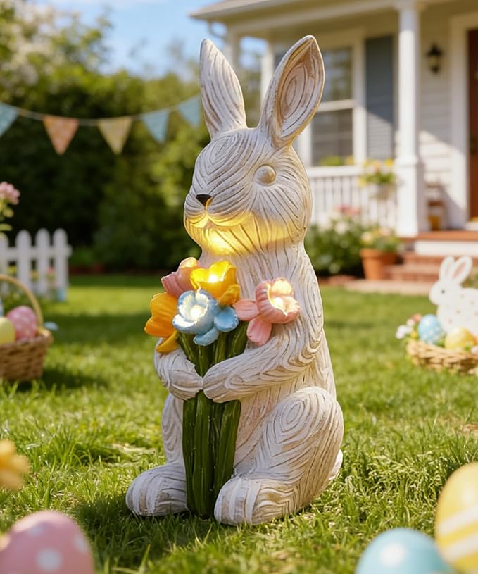 Rabbitcat Solar Garden Outdoor Bunny Statues: Outside Rabbit Decor with Succulent Lights for Balcony Lawn Art Porch Yard - Birthday Gifts for Mom Grandma Women
