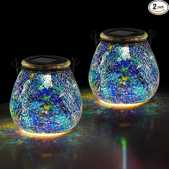 Stargarden 2Pack Mosaic Solar Lantern ,Outdoor Hanging Waterproof Mosaic Light Solar Table Lamp for Garden ,Patio,Yard Decor (Blue )
