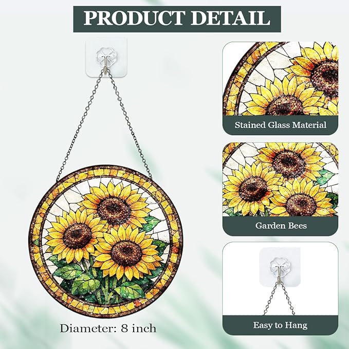Sunflower Stained Glass Window Hanging - Round Floral Suncatcher with Chain, Colorful Glass Ornament for Home Garden Window Decor Gift, 8 Inch