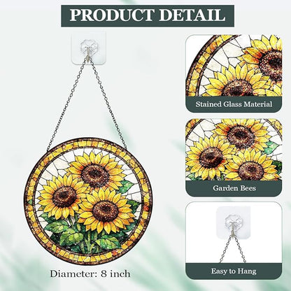 Sunflower Stained Glass Window Hanging - Round Floral Suncatcher with Chain, Colorful Glass Ornament for Home Garden Window Decor Gift, 8 Inch