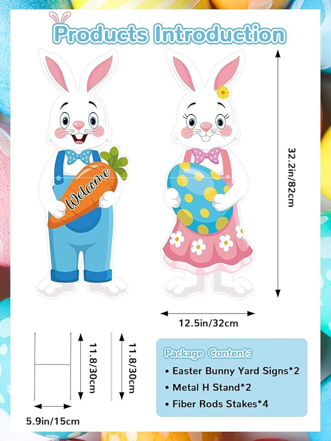 2Pcs Easter Yard Signs 32.28x12.4 Inch Large Bunny Lawn Decorations with Stakes for Egg Hunt Photography, Easter Outdoor, Garden, Lawn Party Waterproof Decorations
