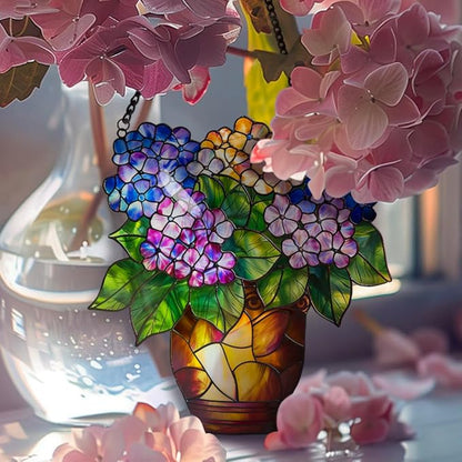 Hydrangea Flower Acrylic Window Hanging,Colorful Flowerpot Hanging,Stained Acrylic Hydrangea Flower Sun Catcher for Home Office Wall Window Decor