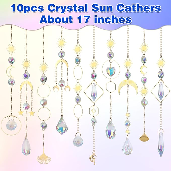 10 Pcs Crystal Suncatcher, Colorful Sun Catchers Indoor Windows Hanging Crystals Prism Rainbow Maker for Home Balcony Ceiling Room Outdoor Garden Decor Christmas Wedding Party Ornaments Decorations