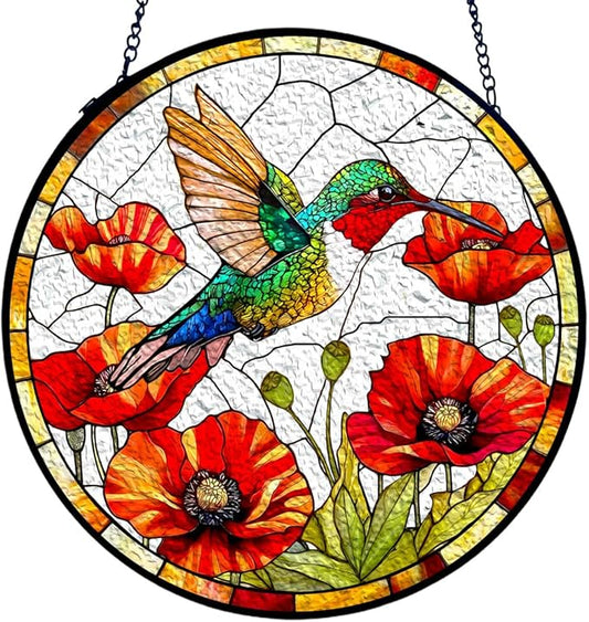 GENANY Hummingbird Stained Glass Window Hanging, Memorial Sun Catcher with Metal Chain and Hook, Spring Ornament Gifts for Women Men, Spring Home Decorations, Bird Themed Housewarming Gifts