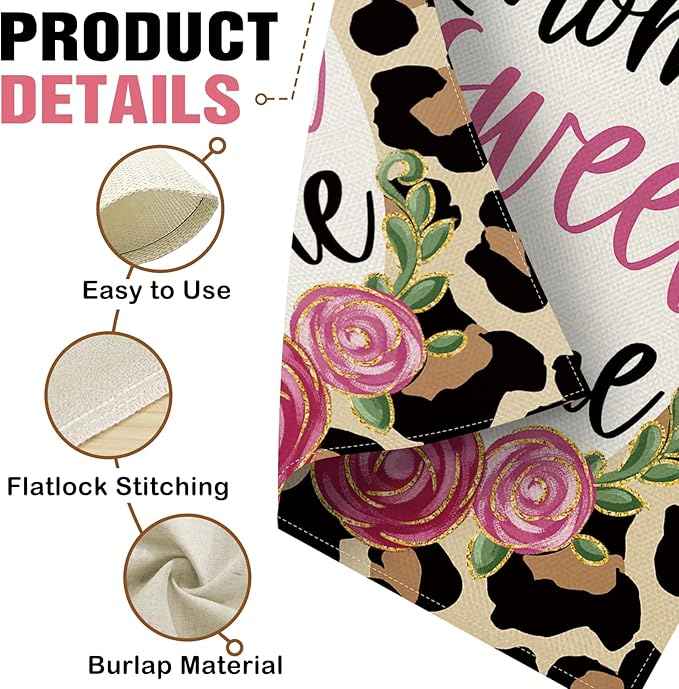 Dyrenson Home Sweet Home Leopard Print Decorative Garden Flag, Cheetah Rose Flower Yard Outside Home Decoration, Floral Burlap Outdoor Small Decor Double Sided 12 x 18