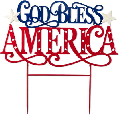 Glitzhome 4th of July Decorations Outdoor, 23.25"H Patriotic GOD BLESS AMERICA Decorative Garden Stakes, Metal Americana Patriotic Day Yard Sign, Memorial Day Yard Signs for Lawn Porch Decor