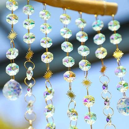 HDCRYSTALGIFTS 13inch Hanging Window Suncatcher Rainbow Maker Glass Crystal Mobile Wind Chimes with AB Prisms & Natural Leaf Drops Sun Catcher Indoor Window Home Garden Decoration Gift