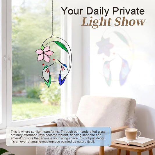 Handmade Real Stained Glass Hummingbird Suncatcher - 8 Inch Two Hummingbirds on Branch with Flowers, Tiffany Copper Foil Window Hanging, Bird Safe Gift for Mom Grandma, Bird Lovers Home Decor