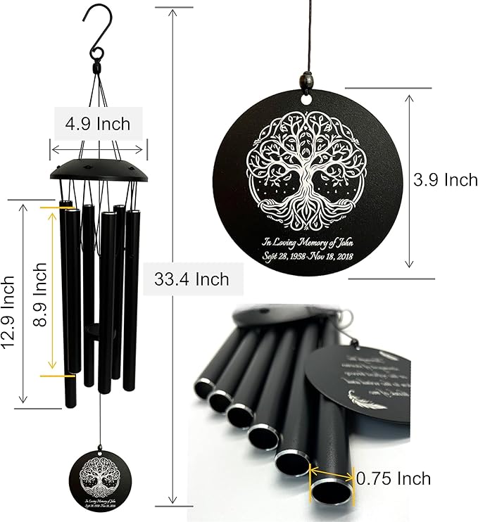 Personalized Tree of Life Wind Chimes - Deep Melody, Custom Engraving, Thoughtful Outdoor Gift