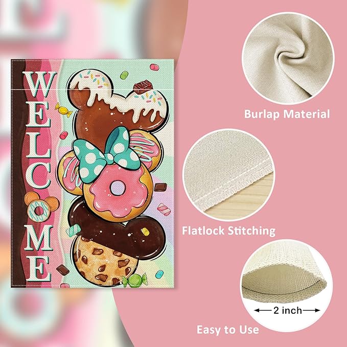 Welcome Cute Donuts Decorative Garden Flag, Pink Sweet Doughnut Chocolate Candy Yard Outside Decorations, Funny Burlap Outdoor Small Home Decor Double Sided 12 x 18