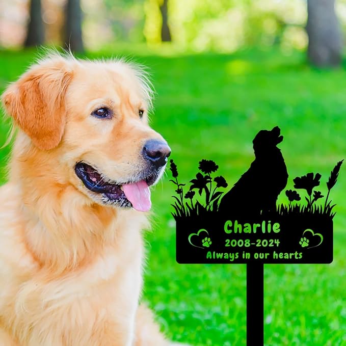 Custom Golden Retriever Dog Memorial Grave Marker,Personalized Pet Dog Memorial Garden Stake,Flora Dog Memorial Plaque Burial Stake Engraved Sign,Dog Sympathy Grave Stake,Dog Statue Headstone