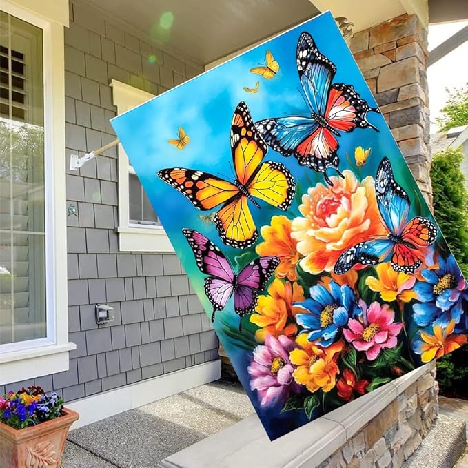 Spring Summer House Flags 28x40 Double Sided Large Butterfly Garden Flag Flower Yard Flags for Outside Butterflies Outdoor Decorative Floral Welcome Flags