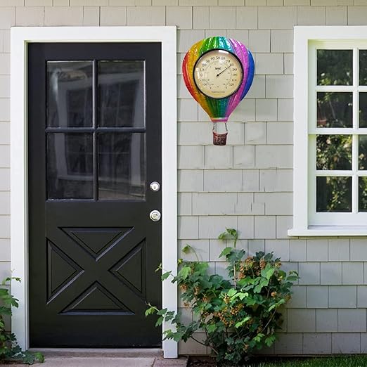 Metal Balloon Thermometer Indoor Outdoor Wall Art Decor, Colorful hot Balloon Plaque Sculpture Hanging Mounted for Living Room Bedroom Kitchen Workroom Patio, no Battery Required