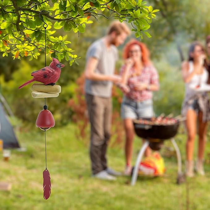 MrMrKura Bird Wind Chimes, Cardinal Wind Bell Pendent for Glory Mothers Love Gift Hanging Wind Chime with Feather Ornament for Bless Garden Backyard Home Decor (Red)