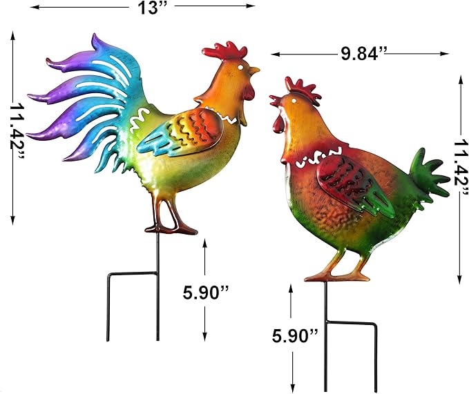 Colorful Rooster & Hen Garden Iron Stakes, Rustic Metal Garden Decor, Farm Animal Yard Art, Long-Lasting Outdoor Ornaments