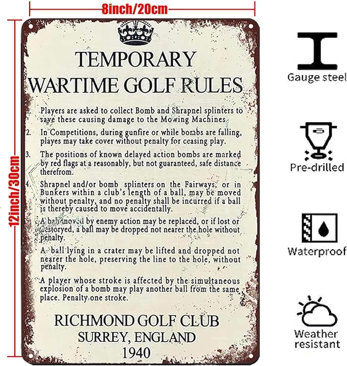 Temporary Wartime Golf Rules Metal Signs Retro Wall Decor For Home Cafes Office Store Pubs Club Man Cave Bathroom Sign 12X8 IN