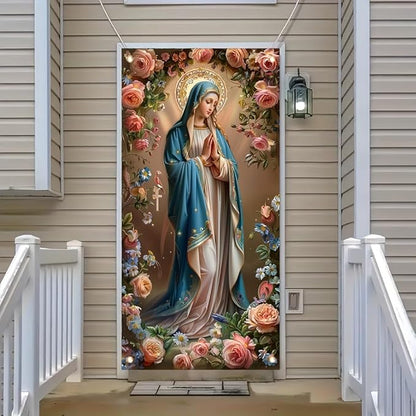 Virgin Mary Door Cover Banner Religious Floral 71x35 Inch Holy Mother Door Sign for Front Door Prayer Room Church Door Cover for Easter Christmas Spiritual Home Decor