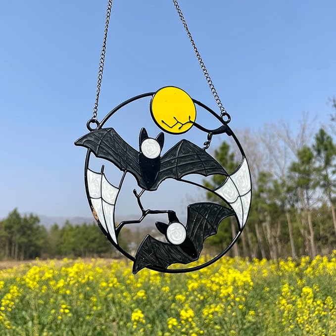 Stained Enamel and Metal Bat Moon Suncatcher Window Panel Wall Hanging Ornaments Halloween Horror Home Decorations