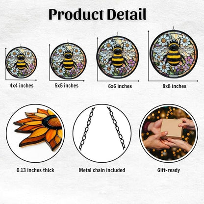 Bee Faux Tiffany Acrylic Suncatcher Stained Glass Effect Window Car Hanging Christmas Ornament Indoor Outdoor Decor Garden Sun Catcher Panel for Bee Lover for Women Mom Grandma